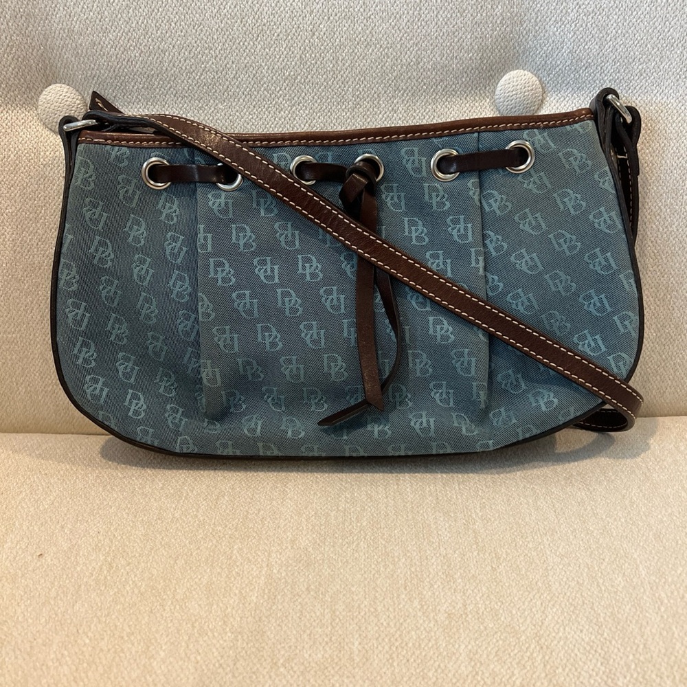 Dooney Bourke DB monogrammed blue canvas with brown leather small shoulder bag